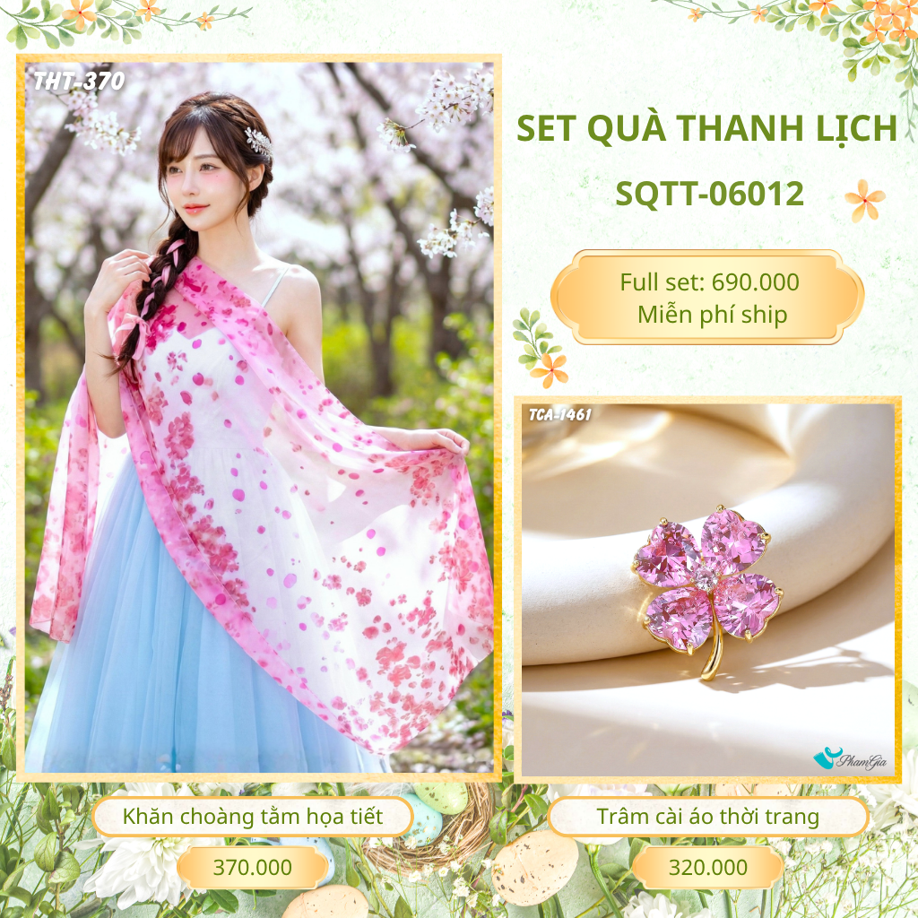 Set Quà Tặng Khăn Choàng Tằm Họa Tiết Và Trâm Cài Áo Thanh Lịch (SQTT06012)