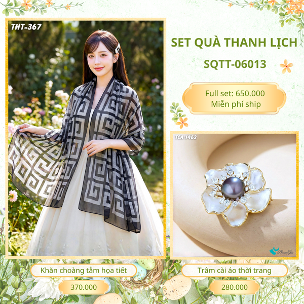 Set Quà Tặng Khăn Choàng Tằm Họa Tiết Và Trâm Cài Áo Thanh Lịch (SQTT06013)