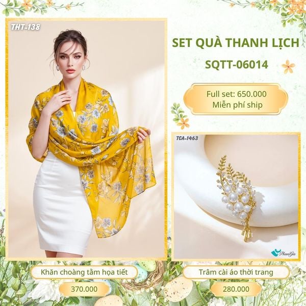 Set Quà Tặng Khăn Choàng Tằm Họa Tiết Và Trâm Cài Áo Thanh Lịch (SQTT06014)
