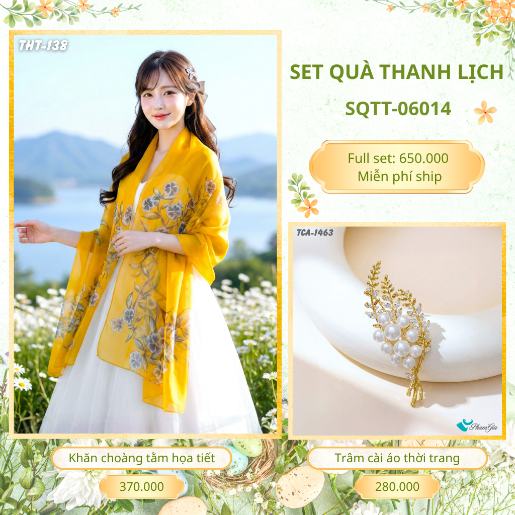 Set Quà Tặng Khăn Choàng Tằm Họa Tiết Và Trâm Cài Áo Thanh Lịch (SQTT06014)
