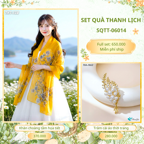 Set Quà Tặng Khăn Choàng Tằm Họa Tiết Và Trâm Cài Áo Thanh Lịch (SQTT06014)