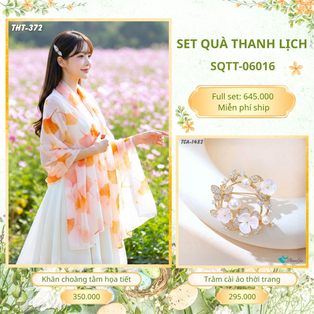 Set Quà Tặng Khăn Choàng Tằm Họa Tiết Và Trâm Cài Áo Thanh Lịch (SQTT06016)