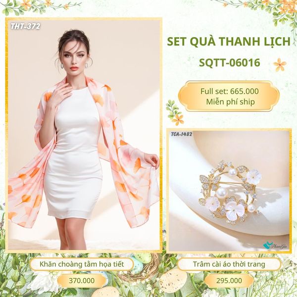 Set Quà Tặng Khăn Choàng Tằm Họa Tiết Và Trâm Cài Áo Thanh Lịch (SQTT06016)