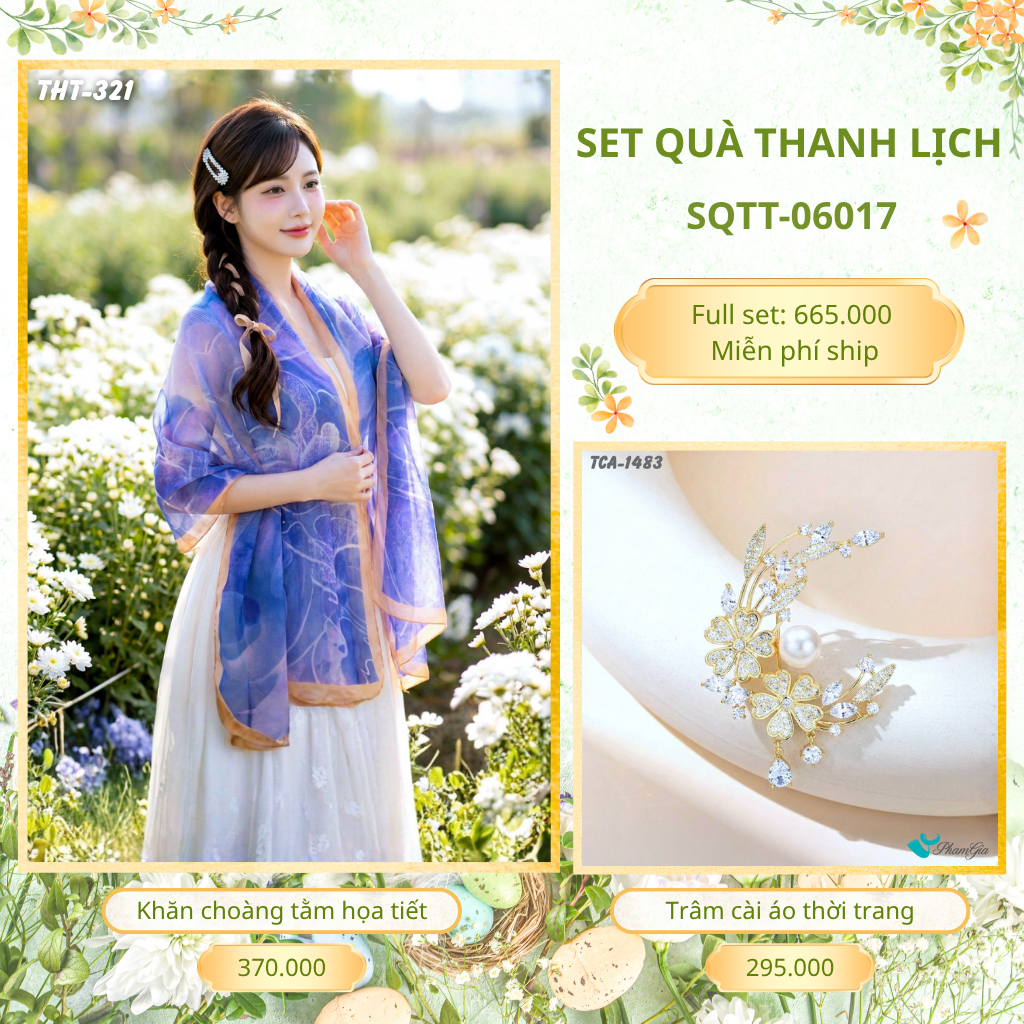 Set Quà Tặng Khăn Choàng Tằm Họa Tiết Và Trâm Cài Áo Thanh Lịch (SQTT06017)