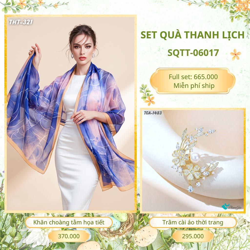 Set Quà Tặng Khăn Choàng Tằm Họa Tiết Và Trâm Cài Áo Thanh Lịch (SQTT06017)