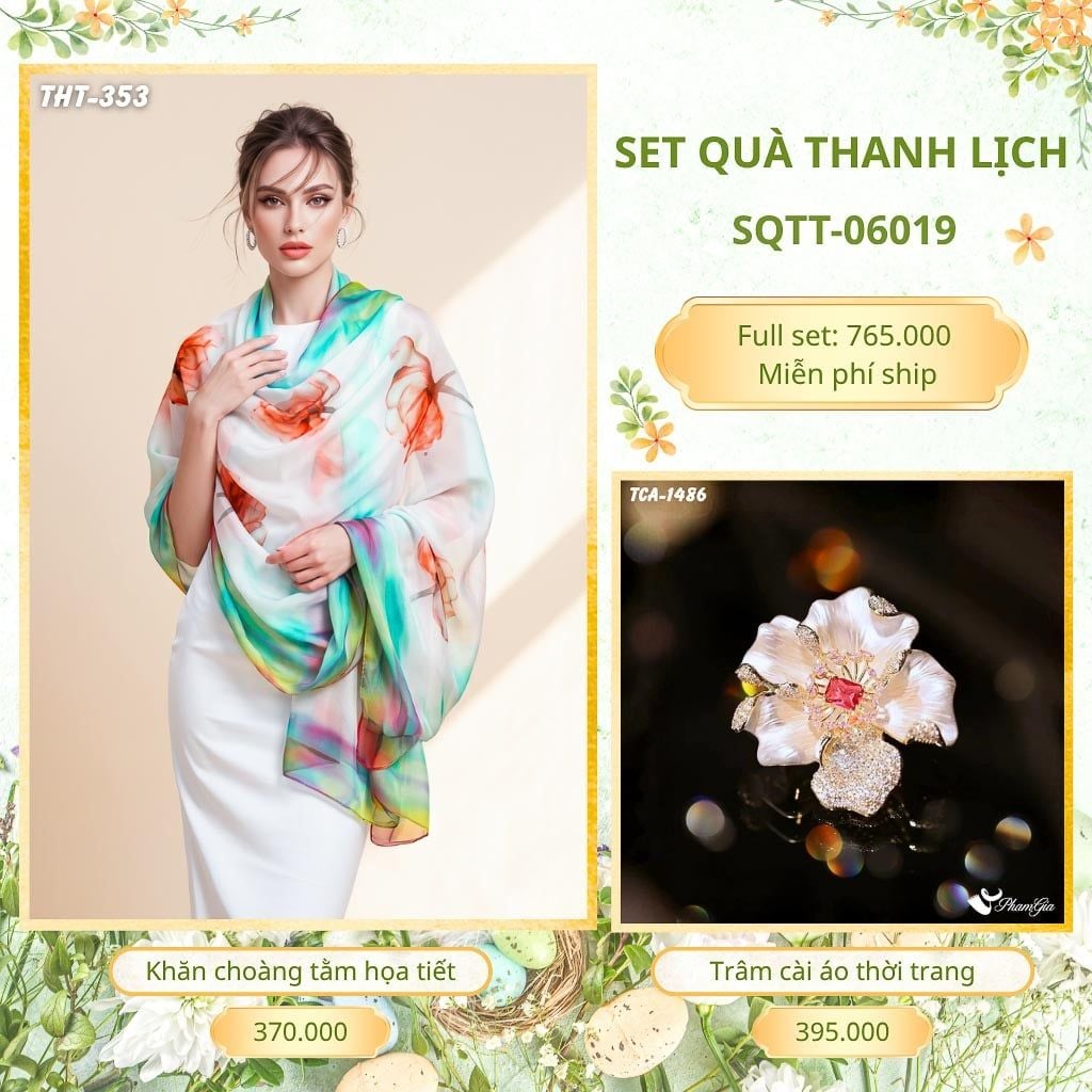 Set Quà Tặng Khăn Choàng Tằm Họa Tiết Và Trâm Cài Áo Thanh Lịch (SQTT06019)