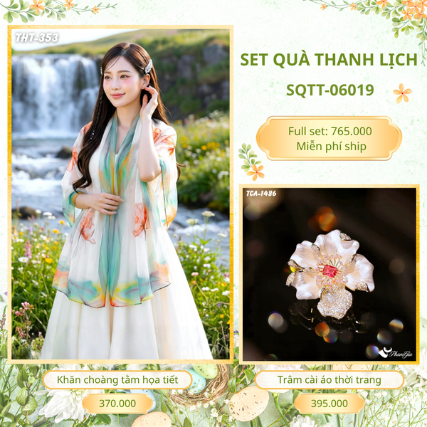 Set Quà Tặng Khăn Choàng Tằm Họa Tiết Và Trâm Cài Áo Thanh Lịch (SQTT06019)