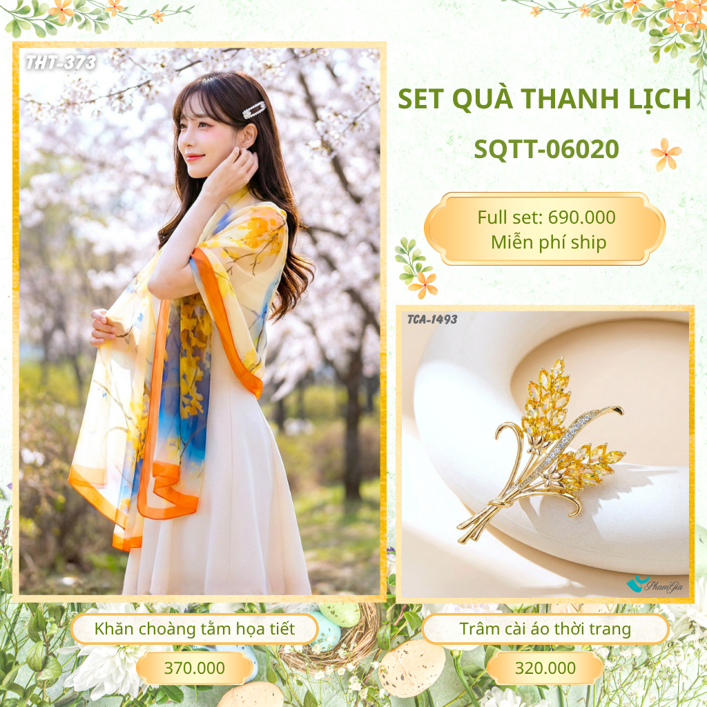 Set Quà Tặng Khăn Choàng Tằm Họa Tiết Và Trâm Cài Áo Thanh Lịch (SQTT06020)