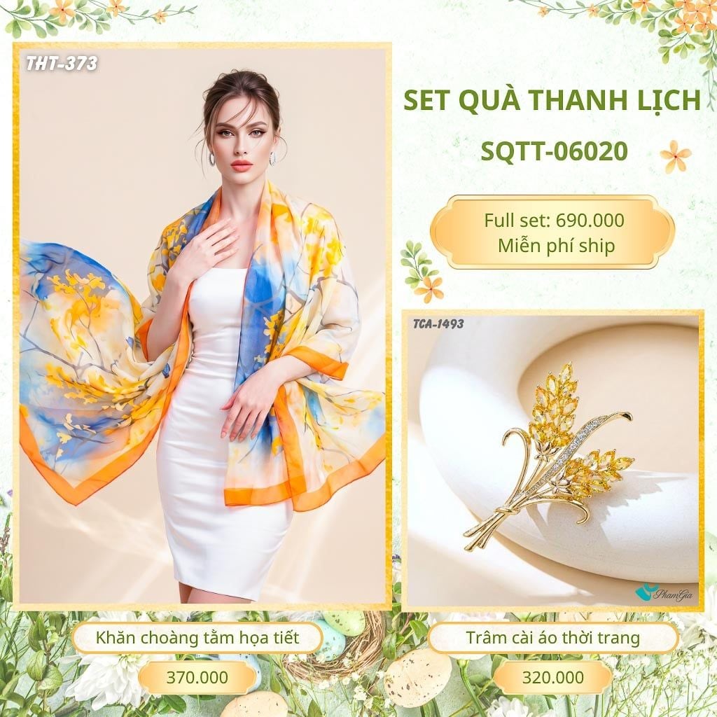 Set Quà Tặng Khăn Choàng Tằm Họa Tiết Và Trâm Cài Áo Thanh Lịch (SQTT06020)