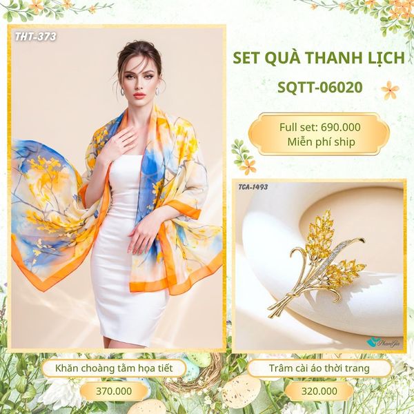 Set Quà Tặng Khăn Choàng Tằm Họa Tiết Và Trâm Cài Áo Thanh Lịch (SQTT06020)