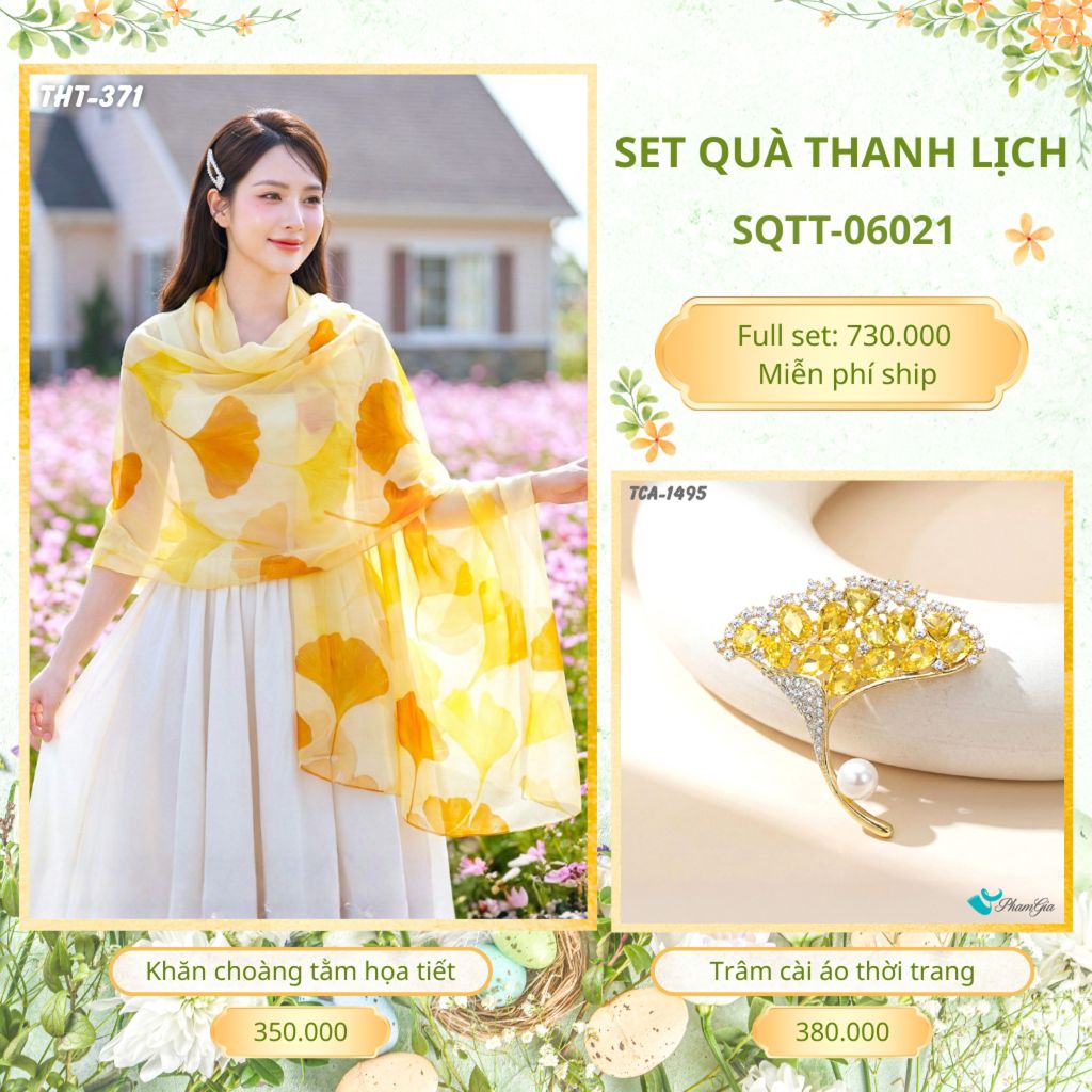 Set Quà Tặng Khăn Choàng Tằm Họa Tiết Và Trâm Cài Áo Thanh Lịch (SQTT06021)