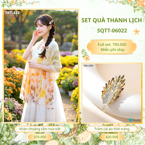 Set Quà Tặng Khăn Choàng Tằm Họa Tiết Và Trâm Cài Áo Thanh Lịch (SQTT06022)
