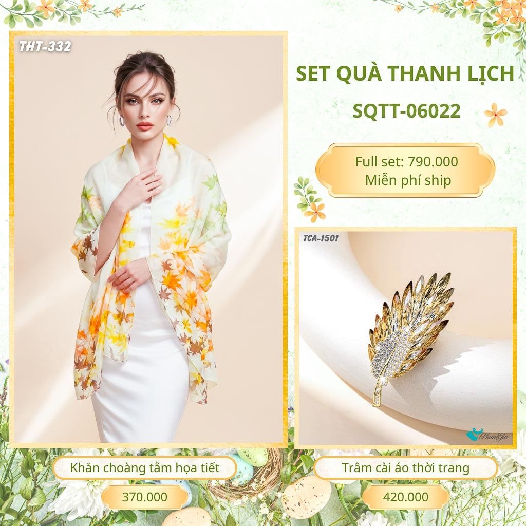Set Quà Tặng Khăn Choàng Tằm Họa Tiết Và Trâm Cài Áo Thanh Lịch (SQTT06022)