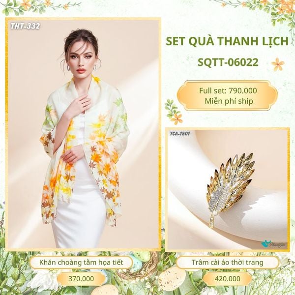 Set Quà Tặng Khăn Choàng Tằm Họa Tiết Và Trâm Cài Áo Thanh Lịch (SQTT06022)