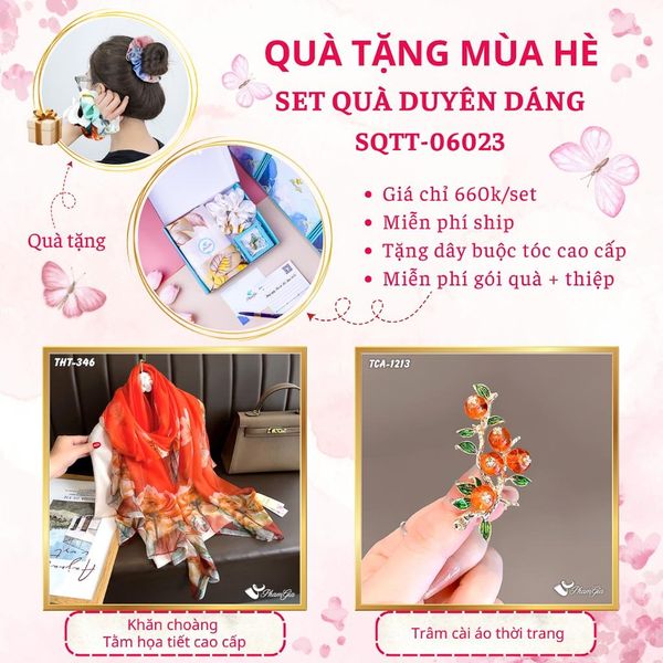 Quà Tặng Mùa Hè - Set Quà Tặng Khăn Choàng Tằm Họa Tiết Và Ghim Cài Áo Duyên Dáng (SQTT06023)