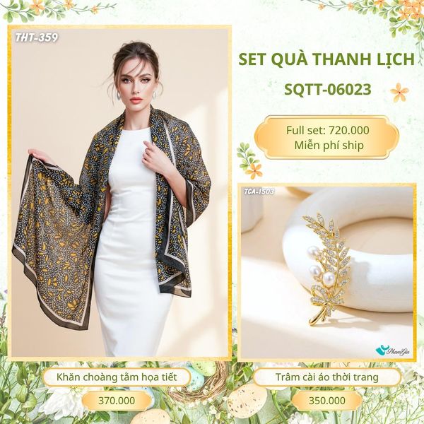 Set Quà Tặng Khăn Choàng Tằm Họa Tiết Và Trâm Cài Áo Thanh Lịch (SQTT06023)