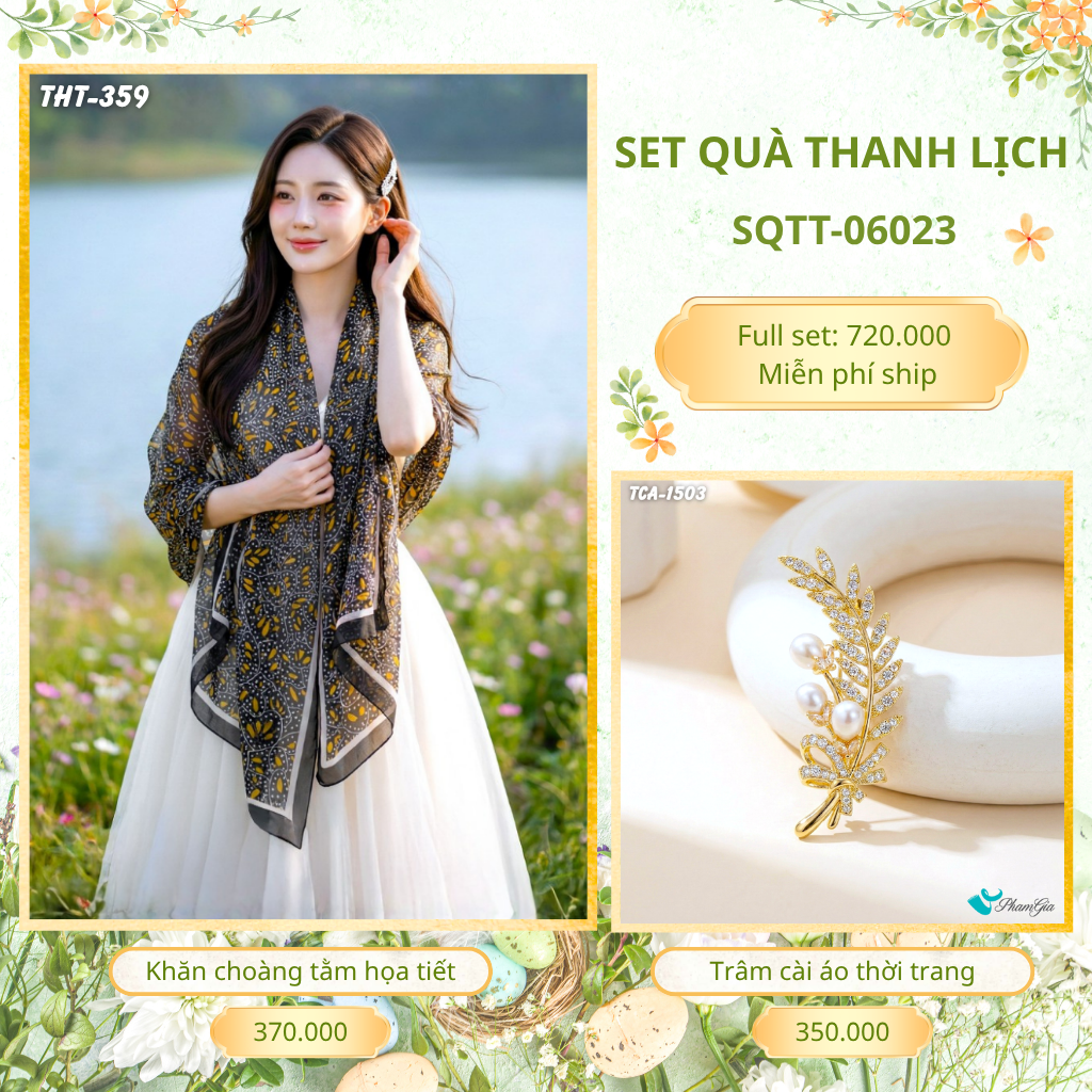 Set Quà Tặng Khăn Choàng Tằm Họa Tiết Và Trâm Cài Áo Thanh Lịch (SQTT06023)