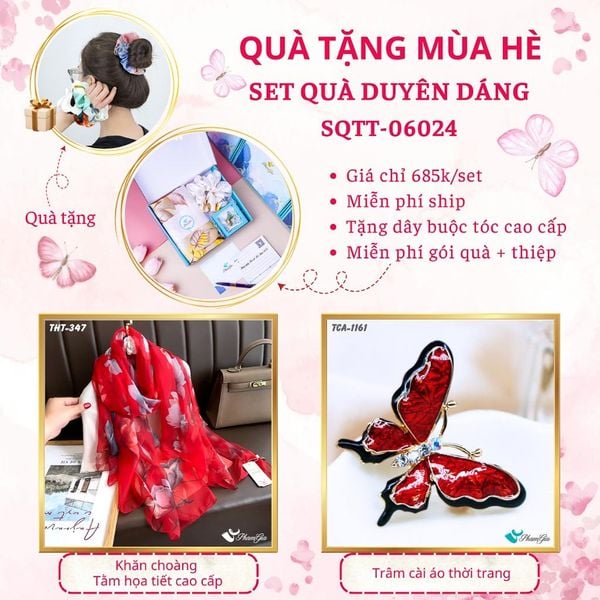 Quà Tặng Mùa Hè - Set Quà Tặng Khăn Choàng Tằm Họa Tiết Và Ghim Cài Áo Duyên Dáng (SQTT06024)