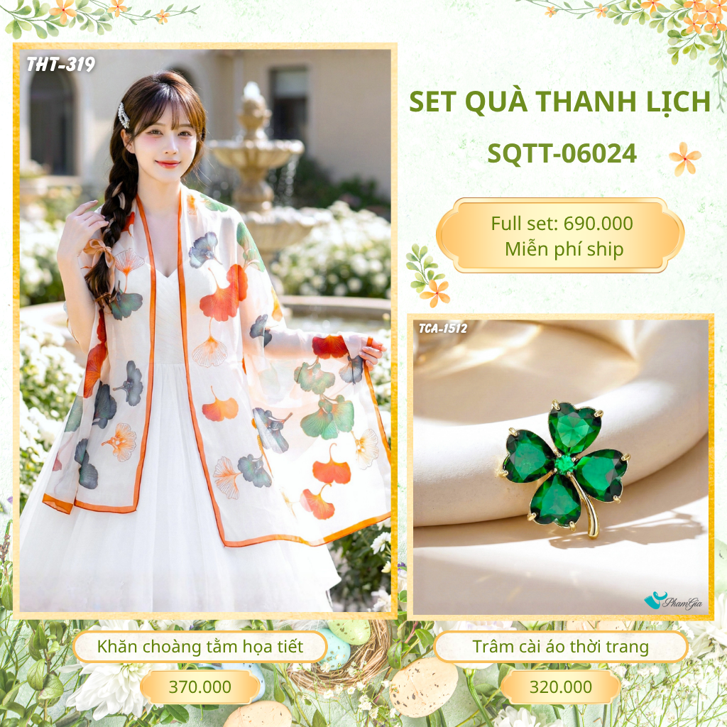 Set Quà Tặng Khăn Choàng Tằm Họa Tiết Và Trâm Cài Áo Thanh Lịch (SQTT06024)