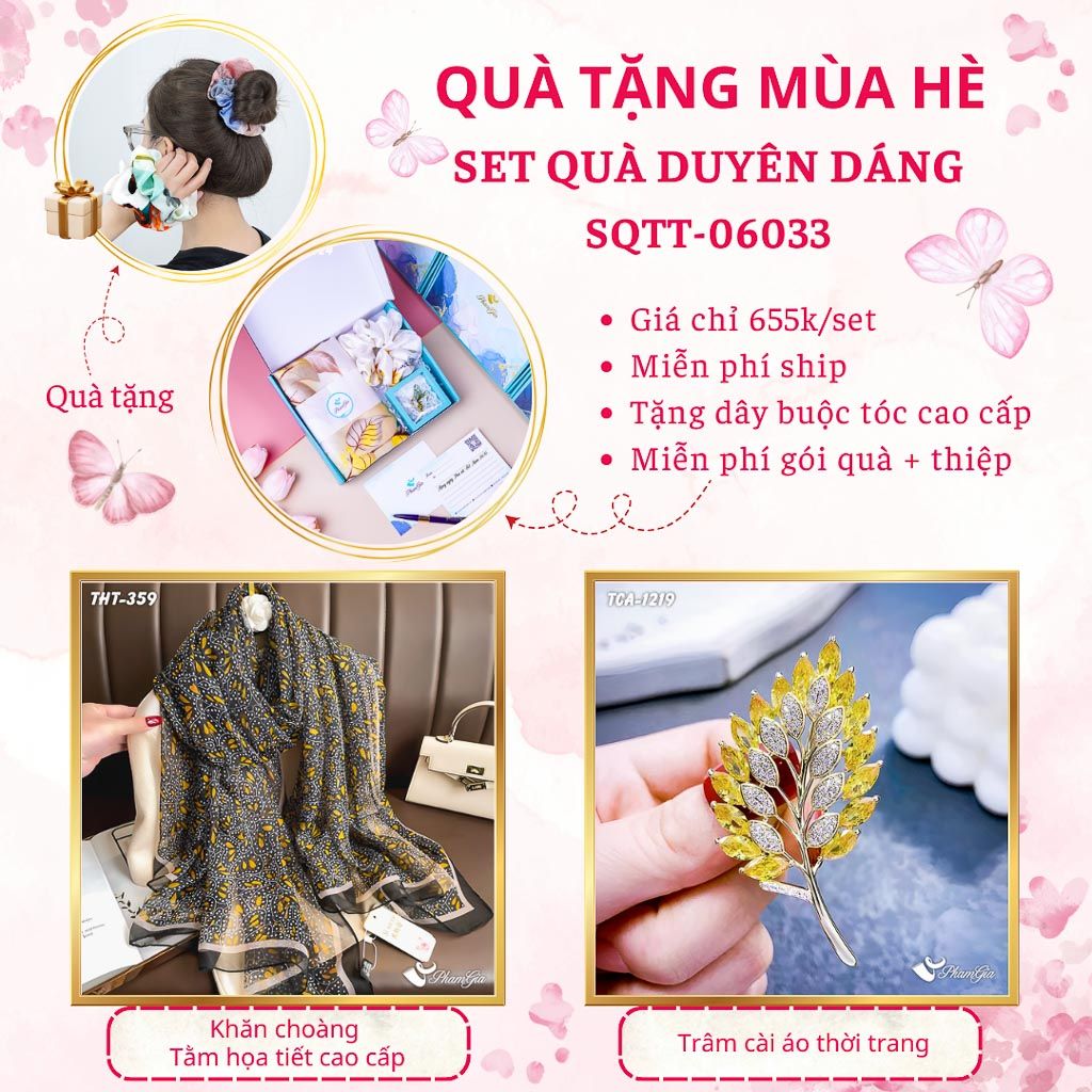 Quà Tặng Mùa Hè - Set Quà Tặng Khăn Choàng Tằm Họa Tiết Và Ghim Cài Áo Duyên Dáng (SQTT06033)