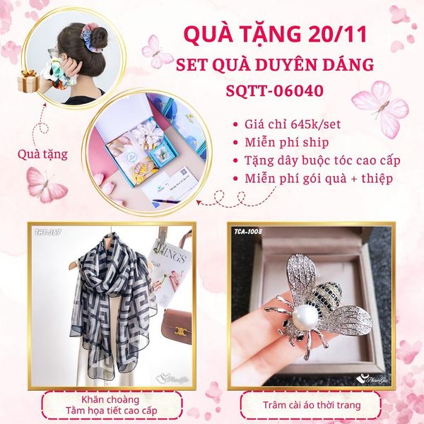 Set Quà Tặng Khăn Choàng Tằm Họa Tiết Và Ghim Cài Áo Duyên Dáng (SQTT06040)