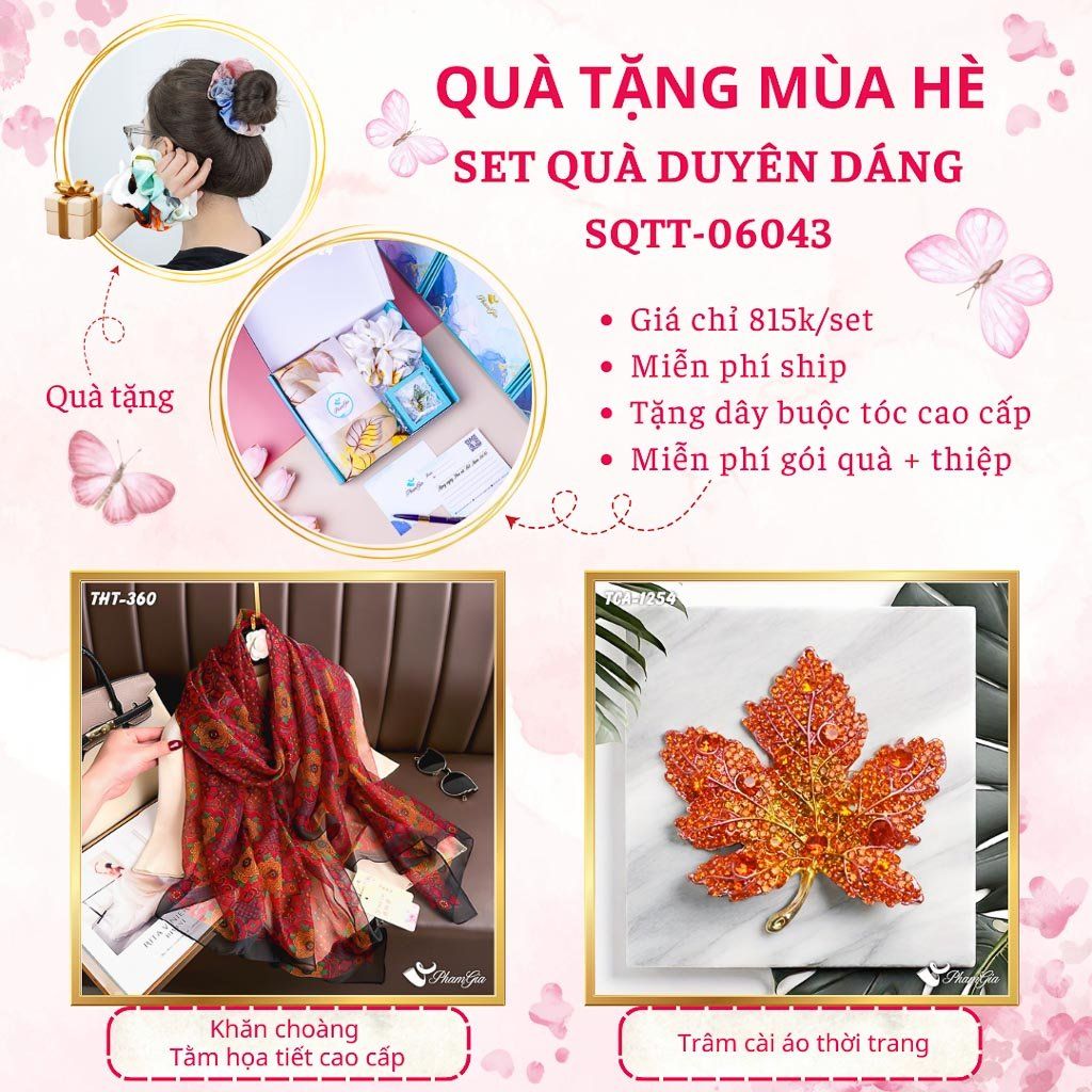 Quà Tặng Mùa Hè - Set Quà Tặng Khăn Choàng Tằm Họa Tiết Và Ghim Cài Áo Duyên Dáng (SQTT06043)