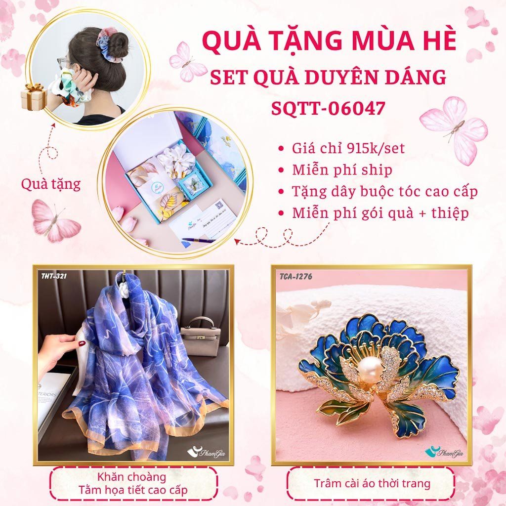 Quà Tặng Mùa Hè - Set Quà Tặng Khăn Choàng Tằm Họa Tiết Và Ghim Cài Áo Duyên Dáng (SQTT06047)