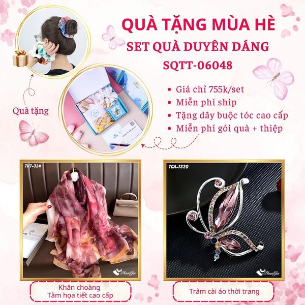 Quà Tặng Mùa Hè - Set Quà Tặng Khăn Choàng Tằm Họa Tiết Và Ghim Cài Áo Duyên Dáng (SQTT06048)