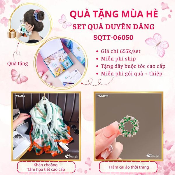Quà Tặng Mùa Hè - Set Quà Tặng Khăn Choàng Tằm Họa Tiết Và Ghim Cài Áo Duyên Dáng (SQTT06050)