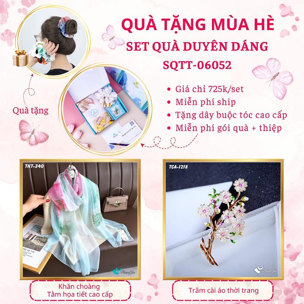 Quà Tặng Mùa Hè - Set Quà Tặng Khăn Choàng Tằm Họa Tiết Và Ghim Cài Áo Duyên Dáng (SQTT06052)