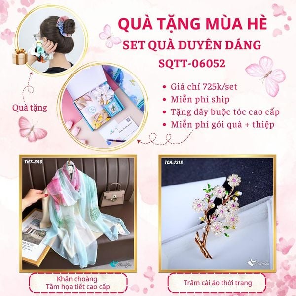 Quà Tặng Mùa Hè - Set Quà Tặng Khăn Choàng Tằm Họa Tiết Và Ghim Cài Áo Duyên Dáng (SQTT06052)