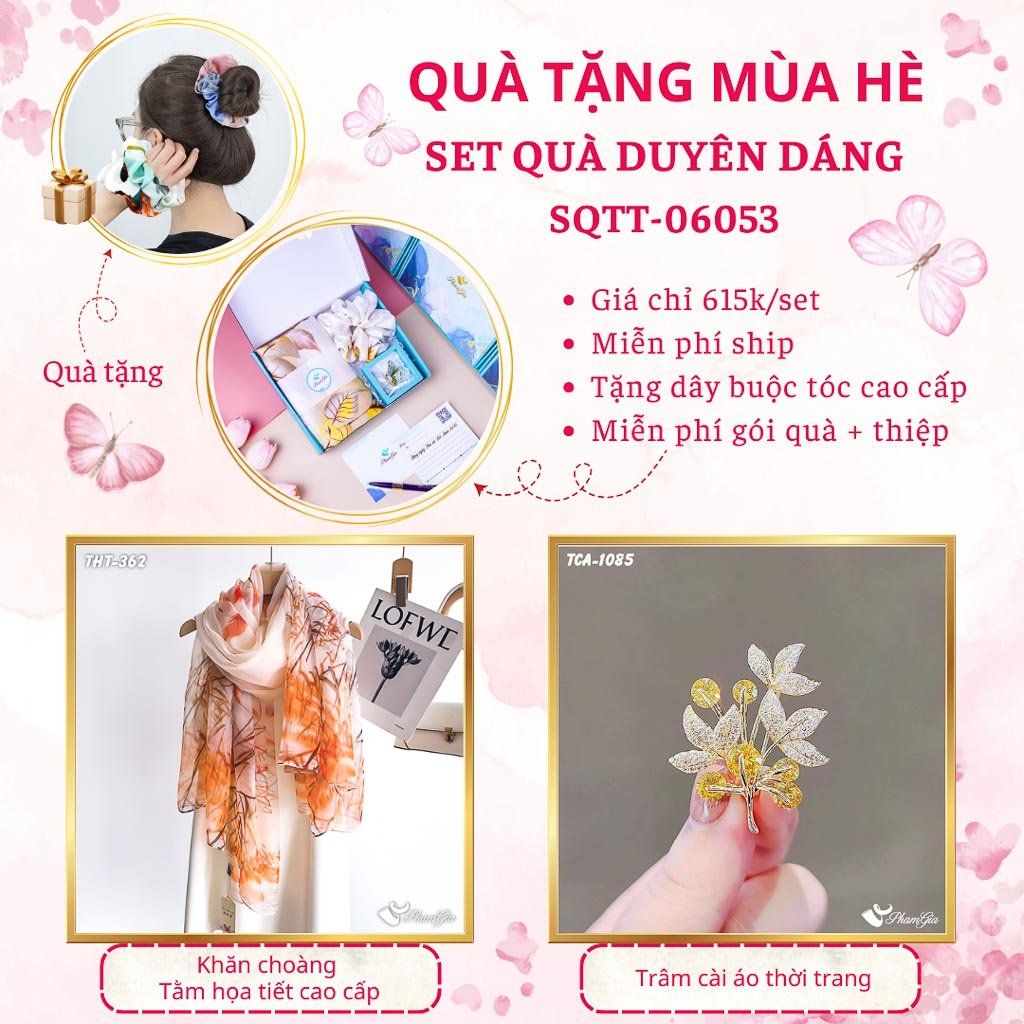 Quà Tặng Mùa Hè - Set Quà Tặng Khăn Choàng Tằm Họa Tiết Và Ghim Cài Áo Duyên Dáng (SQTT06053)
