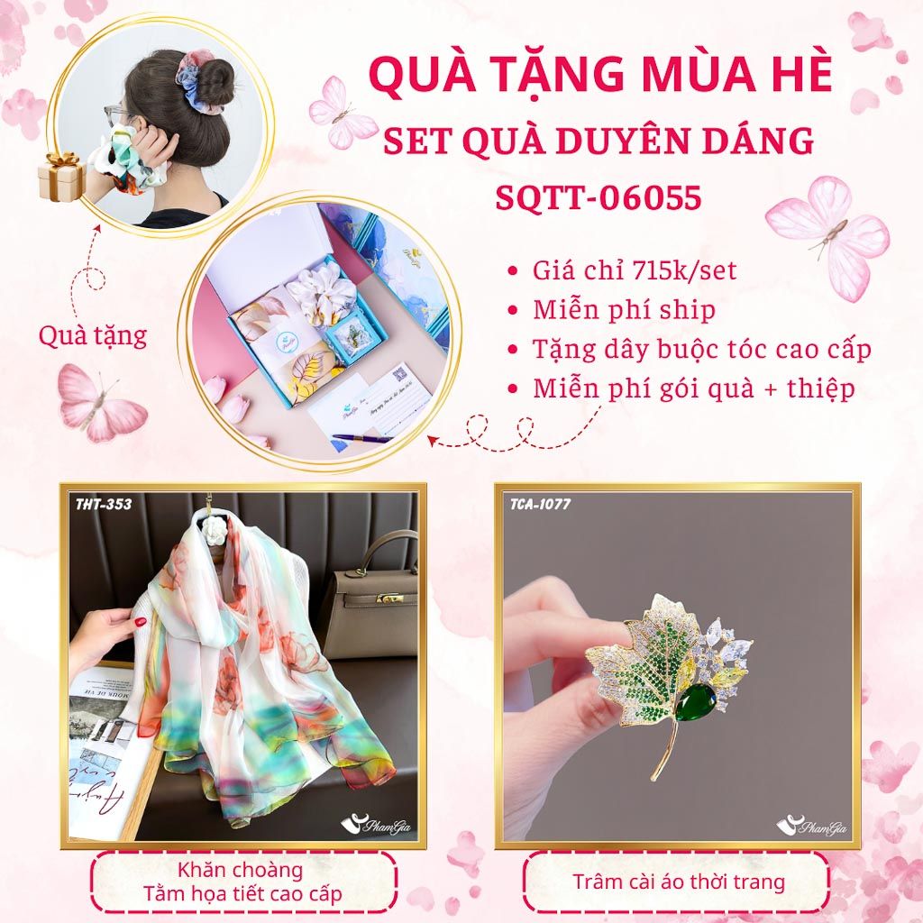 Quà Tặng Mùa Hè - Set Quà Tặng Khăn Choàng Tằm Họa Tiết Và Ghim Cài Áo Duyên Dáng (SQTT06055)