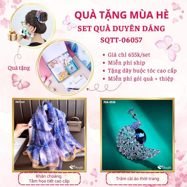 Quà Tặng Mùa Hè - Set Quà Tặng Khăn Choàng Tằm Họa Tiết Và Ghim Cài Áo Duyên Dáng (SQTT06057)