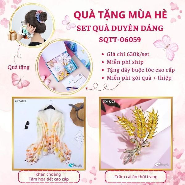 Quà Tặng Mùa Hè - Set Quà Tặng Khăn Choàng Tằm Họa Tiết Và Ghim Cài Áo Duyên Dáng (SQTT06059)
