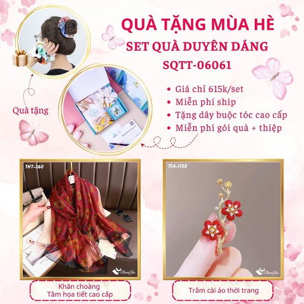 Quà Tặng Mùa Hè - Set Quà Tặng Khăn Choàng Tằm Họa Tiết Và Ghim Cài Áo Duyên Dáng (SQTT06061)