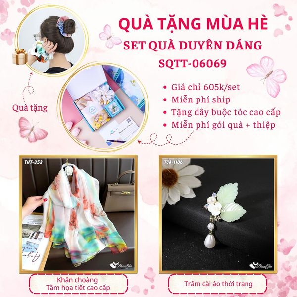 Quà Tặng Mùa Hè - Set Quà Tặng Khăn Choàng Tằm Họa Tiết Và Ghim Cài Áo Duyên Dáng (SQTT06069)