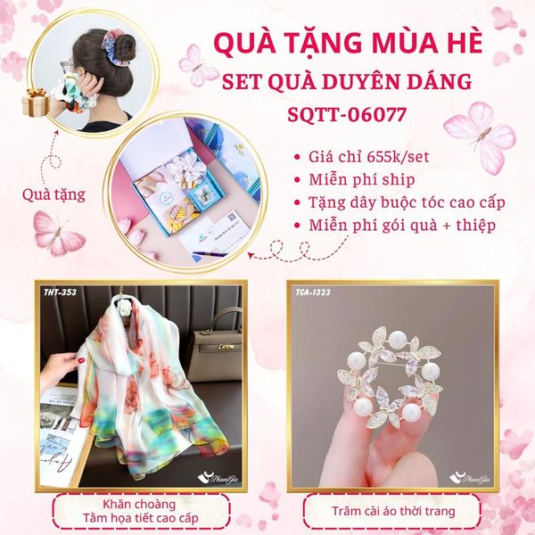 Quà Tặng Mùa Hè - Set Quà Tặng Khăn Choàng Tằm Họa Tiết Và Ghim Cài Áo Duyên Dáng (SQTT06077)