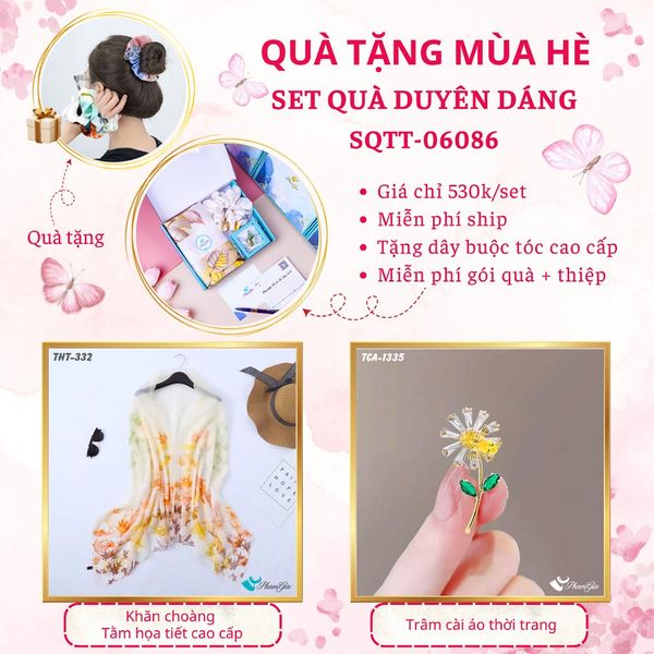 Quà Tặng Mùa Hè - Set Quà Tặng Khăn Choàng Tằm Họa Tiết Và Ghim Cài Áo Duyên Dáng (SQTT06086)