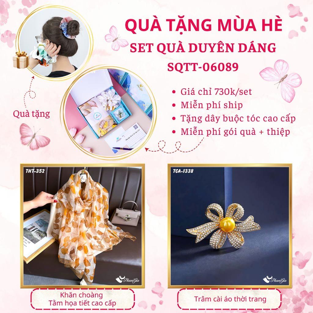 Quà Tặng Mùa Hè - Set Quà Tặng Khăn Choàng Tằm Họa Tiết Và Ghim Cài Áo Duyên Dáng (SQTT06089)