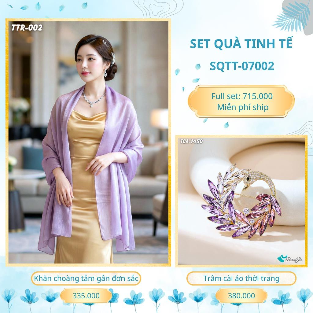 Set Quà Tặng Khăn Choàng Tằm Gân Đơn Sắc Và Trâm Cài Áo Tinh Tế (SQTT07002)