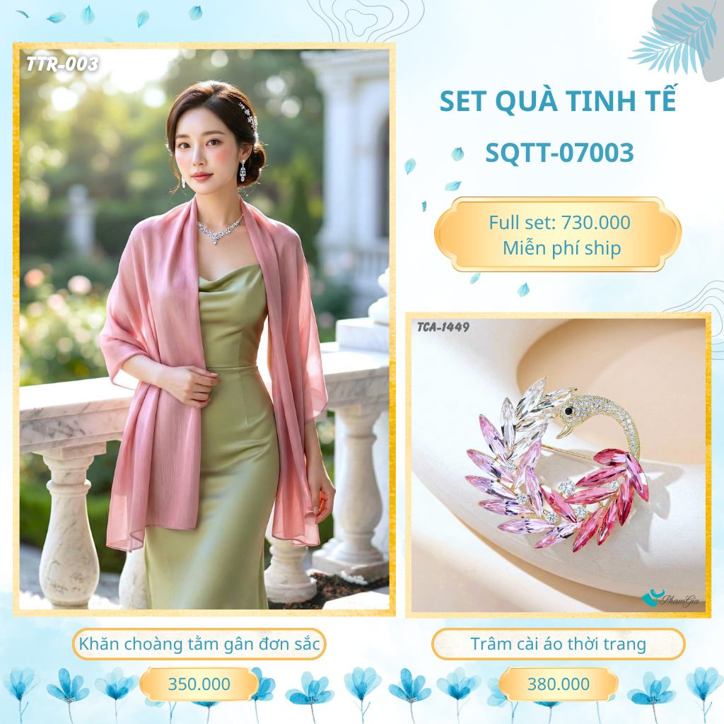 Set Quà Tặng Khăn Choàng Tằm Gân Đơn Sắc Và Trâm Cài Áo Tinh Tế (SQTT07003)