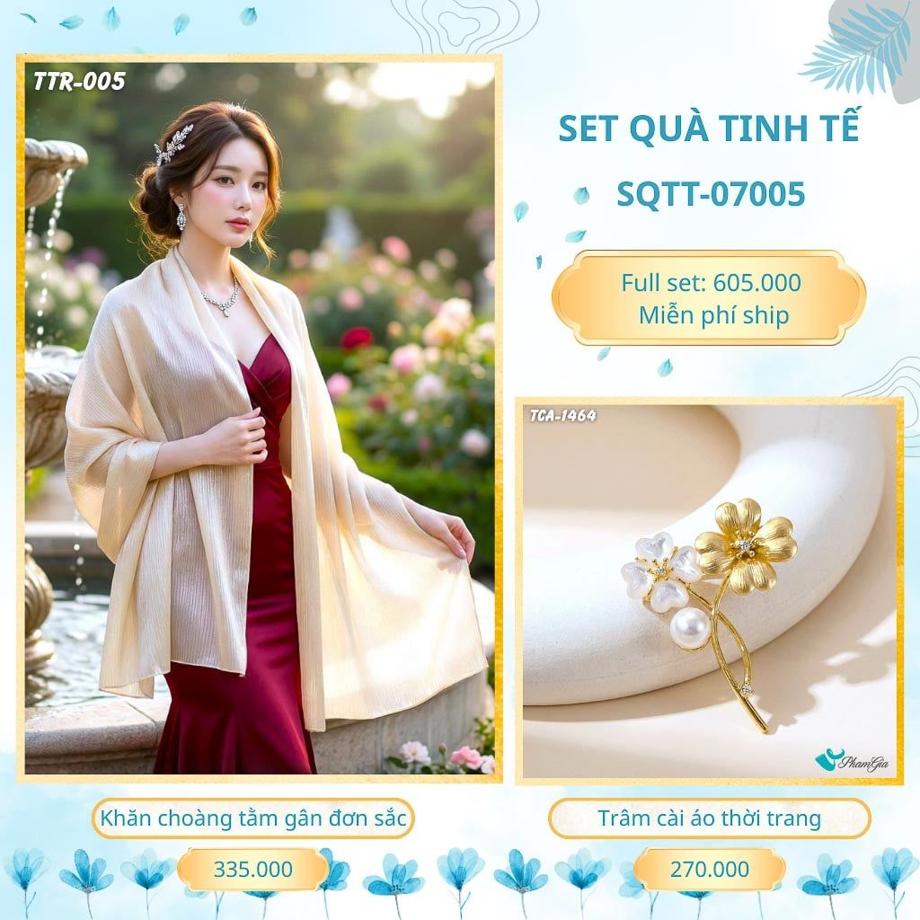 Set Quà Tặng Khăn Choàng Tằm Gân Đơn Sắc Và Trâm Cài Áo Tinh Tế (SQTT07005)