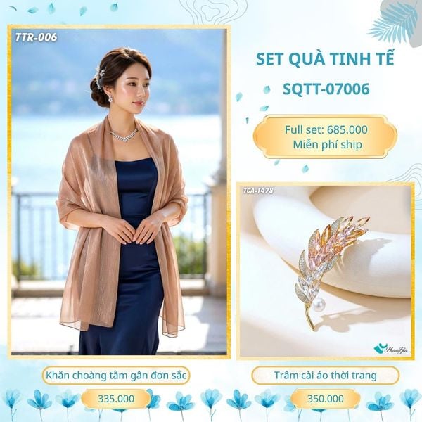 Set Quà Tặng Khăn Choàng Tằm Gân Đơn Sắc Và Trâm Cài Áo Tinh Tế (SQTT07006)