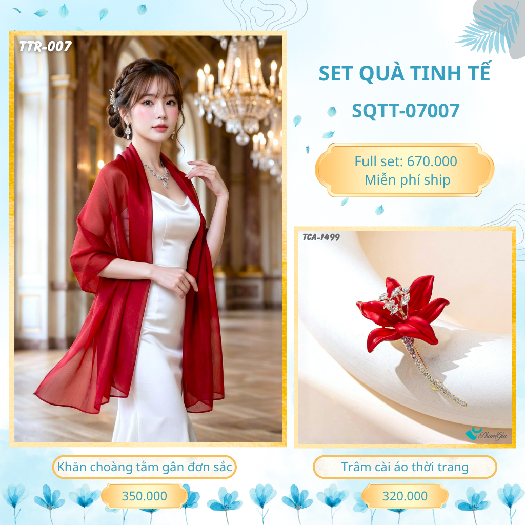 Set Quà Tặng Khăn Choàng Tằm Gân Đơn Sắc Và Trâm Cài Áo Tinh Tế (SQTT07007)
