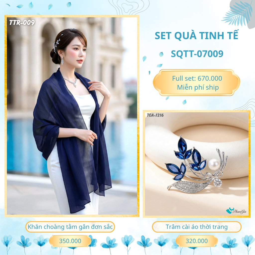 Set Quà Tặng Khăn Choàng Tằm Gân Đơn Sắc Và Trâm Cài Áo Tinh Tế (SQTT07009)