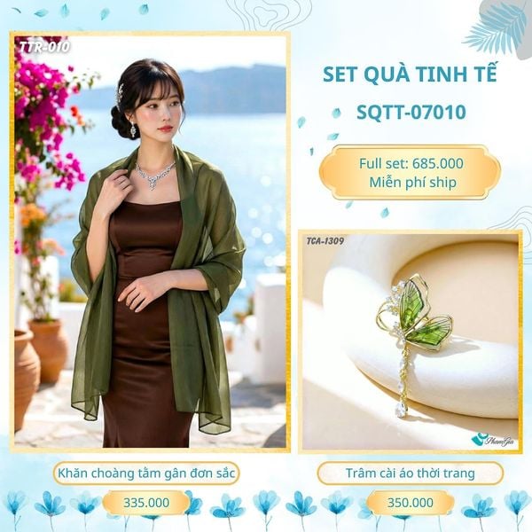 Set Quà Tặng Khăn Choàng Tằm Gân Đơn Sắc Và Trâm Cài Áo Tinh Tế (SQTT07010)