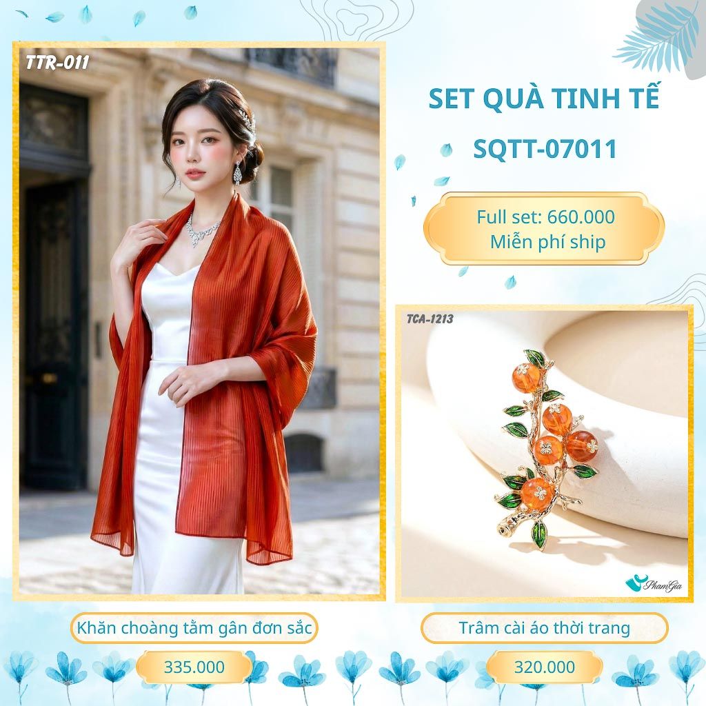 Set Quà Tặng Khăn Choàng Tằm Gân Đơn Sắc Và Trâm Cài Áo Tinh Tế (SQTT07011)