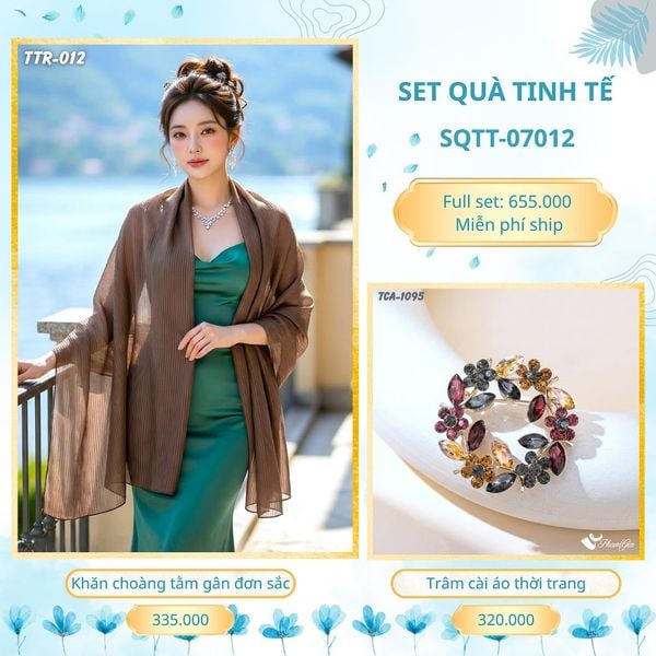 Set Quà Tặng Khăn Choàng Tằm Gân Đơn Sắc Và Trâm Cài Áo Tinh Tế (SQTT07012)