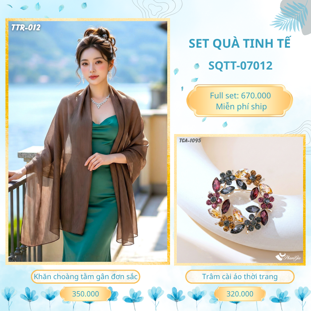 Set Quà Tặng Khăn Choàng Tằm Gân Đơn Sắc Và Trâm Cài Áo Tinh Tế (SQTT07012)